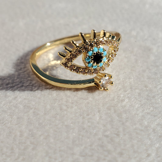 Bague Protectrice Dorée — Œil Turquoise et Éclat Cristallin